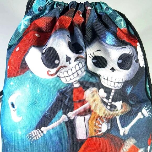 Dia de Los Muertos Sugar Skull Couple Rope Drawstring Canvas Tote Bag - Picture 3 of 5